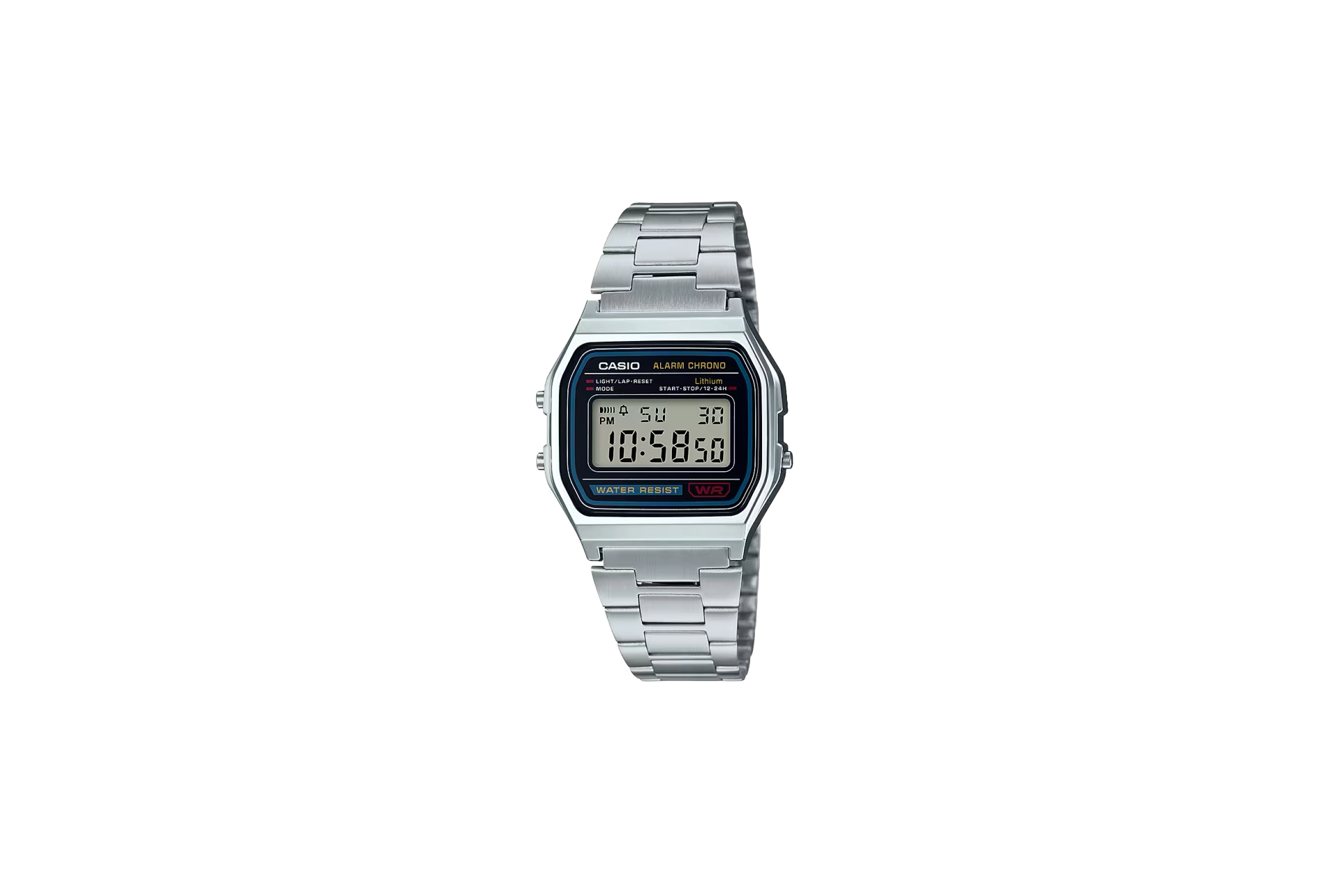 Casio Série A158WA | Relógio digital unissex | Vintage | WR | Cronômetro de 100 SEC | Alarme diário | Tempo regular: hora, minuto, segundo, PM, data, dia | Luz LED | Bateria de 7 anos