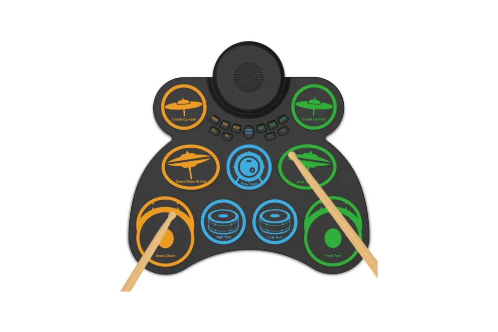 VEDO Conjunto de Bateria Eletrônica Portátil com 9 Pads, Duplo Alto-Falante, 4 Horas de Bateria, MIDI e Conexão para Jogos - Presente Musical Perfeito para Iniciantes e Crianças