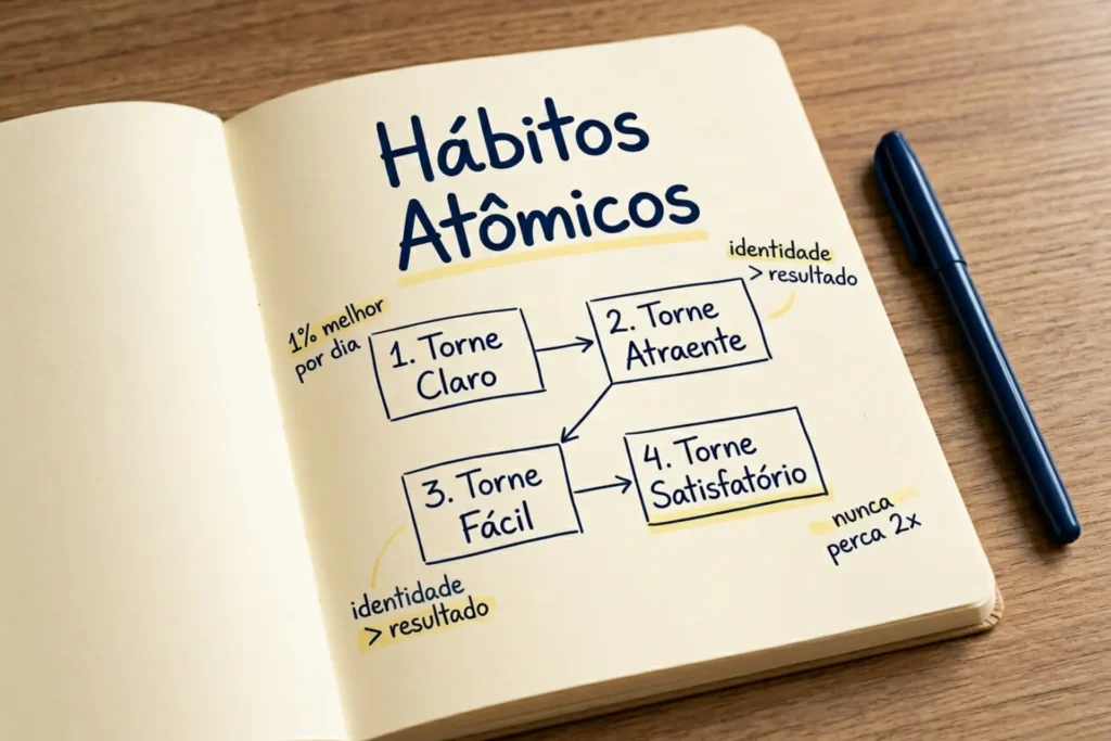 Caderno aberto com fluxograma das Quatro Leis da Mudança de Comportamento do livro Hábitos Atômicos de James Clear: torne claro, atraente, fácil e satisfatório, com anotações manuscritas sobre identidade e melhora de 1% ao dia.