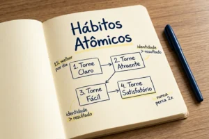 Caderno aberto com fluxograma das Quatro Leis da Mudança de Comportamento do livro Hábitos Atômicos de James Clear: torne claro, atraente, fácil e satisfatório, com anotações manuscritas sobre identidade e melhora de 1% ao dia.