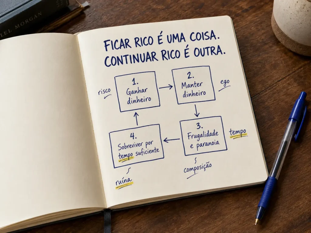 A Psicologia Financeira: por que você age contra o seu próprio dinheiro (e como parar) Imagem em estilo flat lay de um caderno aberto sobre uma mesa de madeira, com anotações manuscritas em azul-marinho. Na página direita, aparece o título “Ficar rico é uma coisa. Continuar rico é outra.”, acompanhado de um diagrama com setas sobre ganhar dinheiro, manter dinheiro, frugalidade, paranoia e sobrevivência ao longo do tempo. Ao lado do caderno, há uma caneta azul.